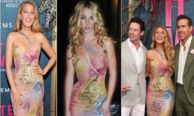 Hugh Jackman, Blake Lively, and Ryan Reynolds attend the premiere of "It Ends With Us" while Blake Lively pays tribute to Britney Spears by wearing her iconic 2002 Versace dress at the premiere of ‘IT ENDS WITH US.’ in New York City.