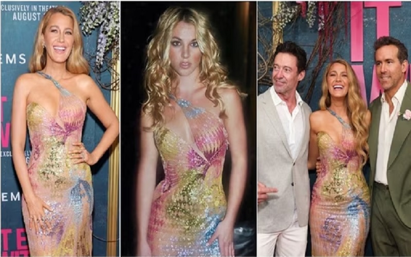 Hugh Jackman, Blake Lively, and Ryan Reynolds attend the premiere of "It Ends With Us" while Blake Lively pays tribute to Britney Spears by wearing her iconic 2002 Versace dress at the premiere of ‘IT ENDS WITH US.’ in New York City.